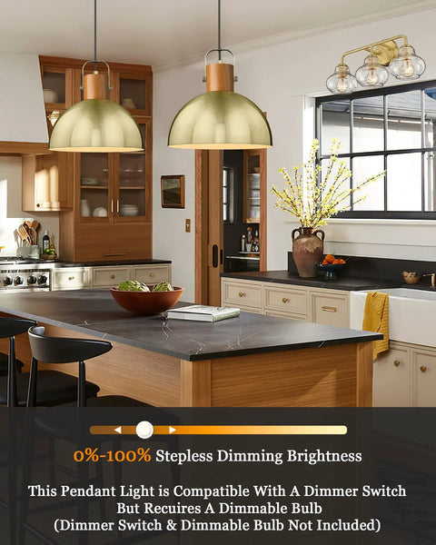 Dome Pendant Light With Rubber Wood Stem And Brushed Brass Shade 12 Inch Vintage Industrial Vibe above kitchen island