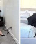 Woman installing Ultra Thin Outlet Concealer Kit with Flat Extension Cord Power Strip in bedroom for slick cord management.