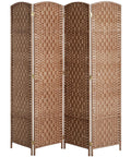 Four-Panel 6-Foot Tall Room Divider Freestanding Privacy Screen With Hand-Woven Paper Rope Diamond-Weave Natural Finish For Room Separation