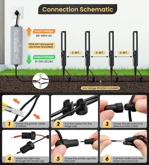 Connection schematic for 5W RGB Low Voltage Path Lights For Outdoor Landscape Lighting 12 To 24 Volt With Auto On Off Waterproof Design And 100 Watt Driver 100 Foot Cord Color Changing Landscape Lights For Garden Yard Pathway 12 Pack