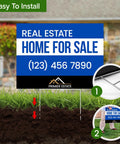 Custom Yard Sign Double Sided Lawn Sign 18x24 Inches 2 Pack Personalize With Text And Logo For Business Yard Or Garage Sale Home Or Office Outdoor Corrugated Plastic With Metal H Stake Made In USA displayed with installation instructions.
