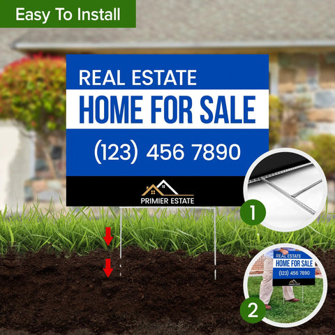 Custom Yard Sign Double Sided Lawn Sign 18x24 Inches 2 Pack Personalize With Text And Logo For Business Yard Or Garage Sale Home Or Office Outdoor Corrugated Plastic With Metal H Stake Made In USA displayed with installation instructions.