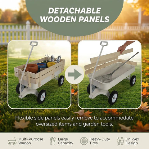 Steel Frame Wagon With 8 Inch All Terrain Air Tires and Wooden Side Panels, detachable panels, gardening tools