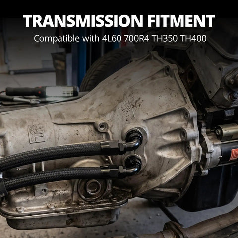 Heavy Duty Evil Energy 6AN PTFE Transmission Line Kit 7 Feet Long For 4L60 700R4 TH350 TH400 Automatic Gearbox Cooler Hose Assembly installed on gearbox.
