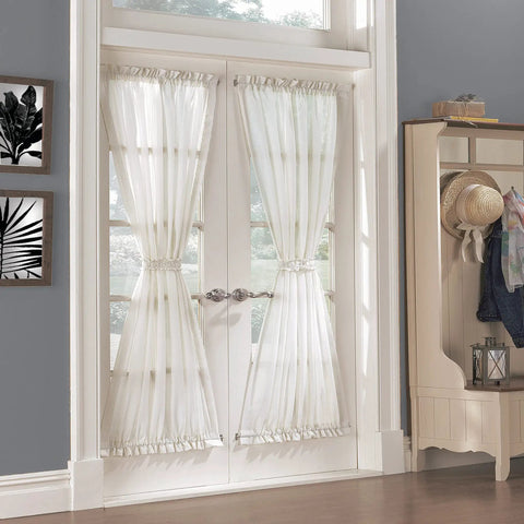 Slick Pair Of Adjustable Swivel Curtain Rods In Crisp White, 21 To 38 Inch with sheer curtains framing French doors.