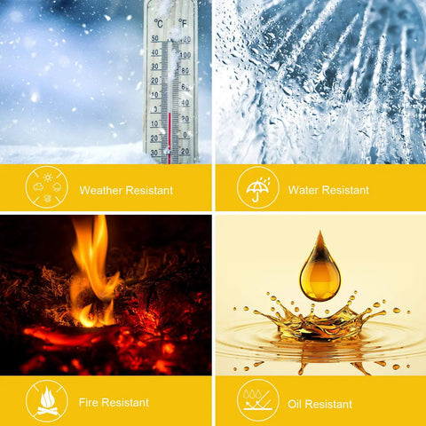 Weather, water, fire, and oil resistance icons depicting features of 50 Amp To 110 Volt RV Adapter Cord With Four 5-20R Outlets.