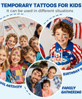 Kids enjoying Patriotic Fourth Of July Temporary Tattoos Pack With 80 Vivid Designs Featuring American Flags Fireworks Eagles