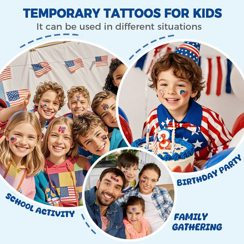 Kids enjoying Patriotic Fourth Of July Temporary Tattoos Pack With 80 Vivid Designs Featuring American Flags Fireworks Eagles