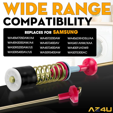 Heavy Duty Washer Suspension Rod Damper Kit For Top Load Models Replacement Set Of 4 on a black background with model list.