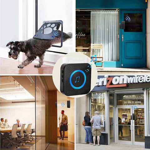 Waterproof Wireless Door Alarm With Adjustable Volume Chime For Home Or Business 1000 Ft Range 55 Melodies And 3 Alarms Sensor Plus Plug In Receiver Easy To Install Black Dope Door Security System in action at various locations
