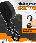 Four Pack Heavy Duty Ratchet Straps Deliver Lockdown Tight Tie Downs For Secure Trailer Hauling 2100 Pound Breaking Strength With Tough As Nails Reinforced Black Webbing And Reliable S Hooks showing rubber-coated S hook.