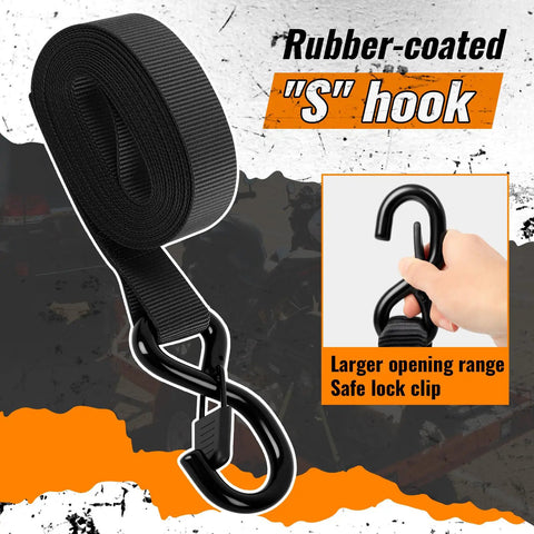 Four Pack Heavy Duty Ratchet Straps Deliver Lockdown Tight Tie Downs For Secure Trailer Hauling 2100 Pound Breaking Strength With Tough As Nails Reinforced Black Webbing And Reliable S Hooks showing rubber-coated S hook.