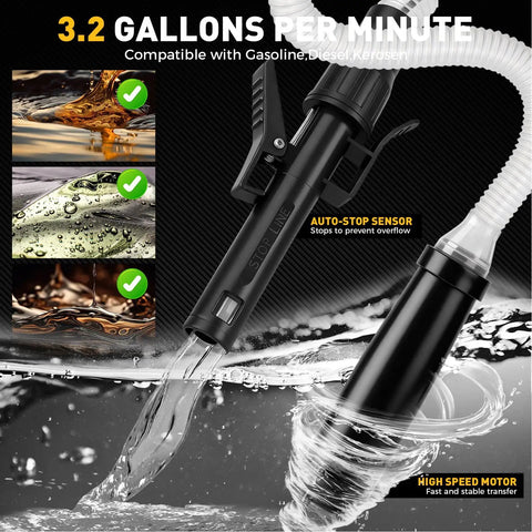Portable Cordless Fuel Transfer Pump With Auto Stop Sensor For Gasoline And Kerosene. Smart Automatic Shutoff Prevents Spills And Overflow During Safe Tank Filling Or Engine Refueling Tasks Around Home Or Job Site