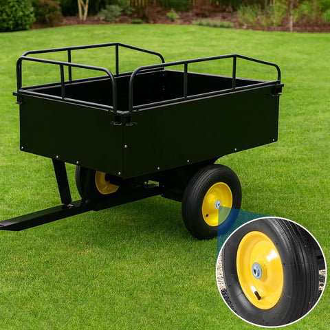 Black wheeled garden cart on grass with close-up of wheel hub featuring Rustproof Axle Grease Caps 2 Pack With Galvanized Surface, 1.98 Inch Dust Cap For 2000-3500 Lb Trailer Axles, Heavy Duty Carbon Steel Hub Caps For Boat Trailers, RVs, And Campers Built To Last In Harsh Road Conditions.