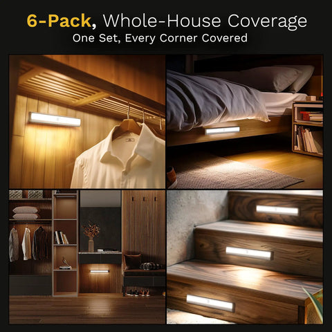 6 Pack Motion Sensor Lights For Closets And Stairs, 10 LED battery operated, placed in wardrobe, under bed, and on stairs.
