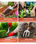 Must Have All In One Garden Tool Kit With Non Slip Ergonomic Handles, 8 Piece Heavy Duty Set In Orange, includes soil scoop in use