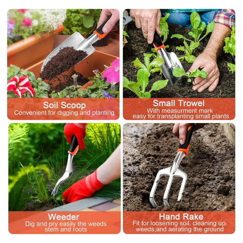 Must Have All In One Garden Tool Kit With Non Slip Ergonomic Handles, 8 Piece Heavy Duty Set In Orange, includes soil scoop in use