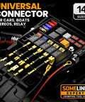 Open Terminal Connector Crimping Tool Kit With 14 Terminal Sizes and automotive wiring connectors displayed.