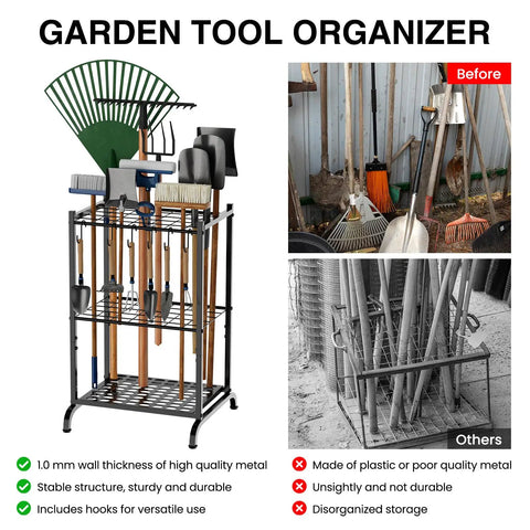 Garden Tool Organizer With 35 Slots And 6 Movable Hooks Heavy Duty Metal Tool Tower Rack For Garage Storage