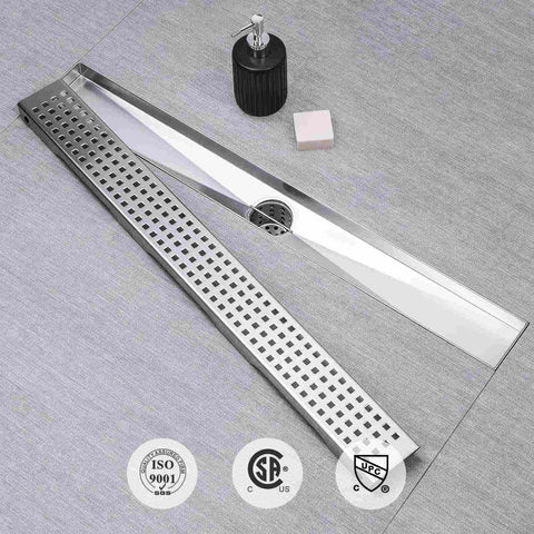 36 Inch Linear Shower Drain With Removable Square Panel Brushed 304 Stainless Steel, Adjustable Feet, Hair Strainer, X Groove Design, 2 Inch Outlet, No Fuss Easy Clean Grate System For Bathrooms And Kitchens