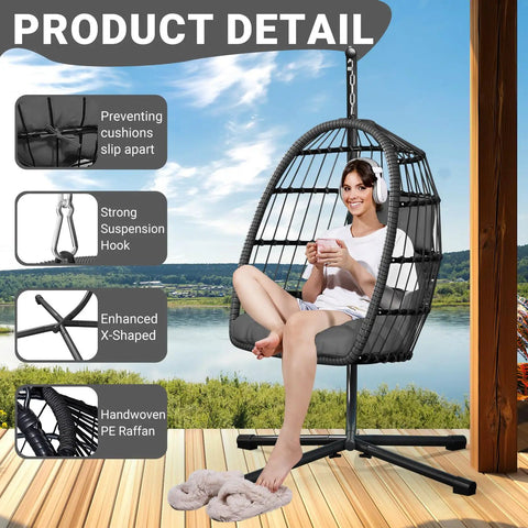 Chill Outdoor Egg Chair With Stand For Patio And Garden Hang Swing Hammock Chair With Thickened Aluminum Alloy Frame And UV Resistant Cushion, 350 Lb Capacity, Grey