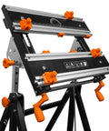 Height Adjustable Tilting Steel Work Bench With Vise 24 Inch Table Extends From 24 By 11.75 To 24 By 19 Collapsible Portable Design