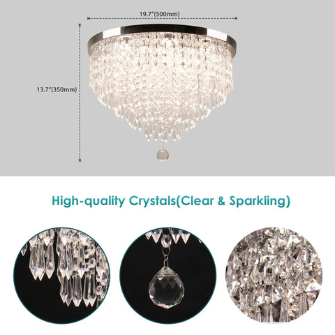 19.7 Inch Dope Crystal Ceiling Light Flush Mount Chandelier For Dining Room Living Room Bedroom And Foyer, 5 Tier K9 Crystals With Polished Stainless Steel Finish, Modern 3 Color Temperature Adjustable, showcasing crystal detail and dimensions
