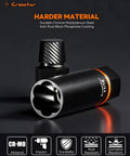 Close-up of 25 Piece Bolt Extractor Kit With Beast Bite No Slip, featuring deep socket and CR-MO steel material, against dark background.