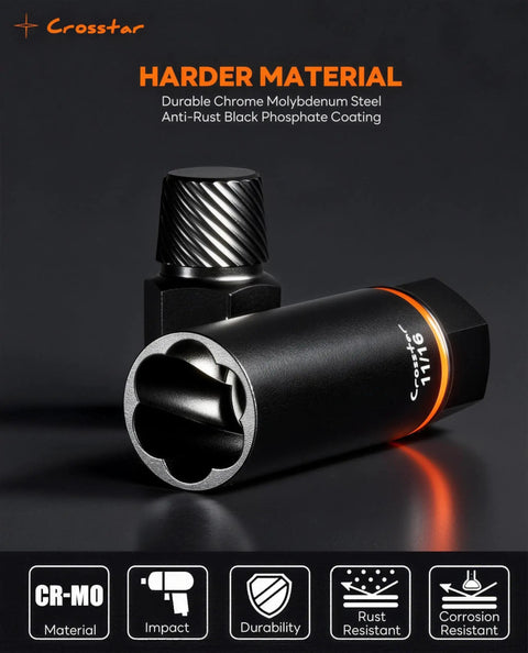 Close-up of 25 Piece Bolt Extractor Kit With Beast Bite No Slip, featuring deep socket and CR-MO steel material, against dark background.