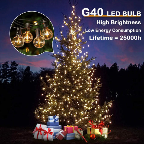 50Ft Led G40 Globe String Lights With 50 Plus 2 Dimmable Edison Bulbs, Shatterproof Outdoor Patio Lights illuminating a tree.