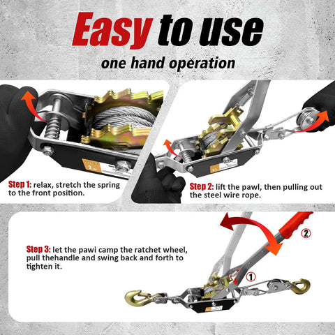 Heavy Duty Come Along Winch 2 Ton With Two Gear Ratchet Cable Winch Puller With Two Hooks for easy one-hand operation guide