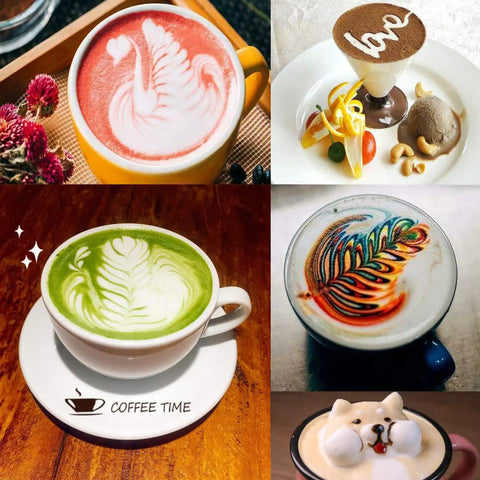 Variety of artistic latte designs displayed in cups, showcasing colorful and intricate patterns for creative coffee presentations.