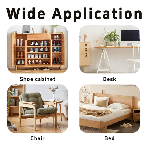 Wide Application of 24 Piece M6x15mm Barrel Nut Cross Dowels Kit in furniture: shoe cabinet, desk, chair, and bed.