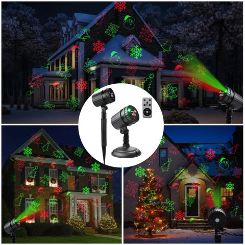 Christmas light projector displaying green and red patterns on house exterior at night with remote control included.