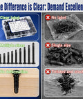 450 Piece Go-To Black Self Drilling Screws Kit With 410 Stainless Steel Assortment comparison showing labeled and multiple sizes.