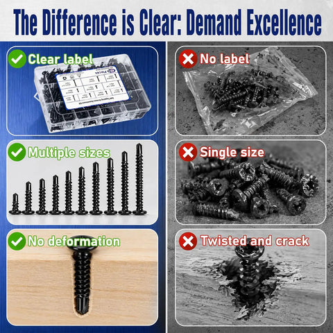 450 Piece Go-To Black Self Drilling Screws Kit With 410 Stainless Steel Assortment comparison showing labeled and multiple sizes.