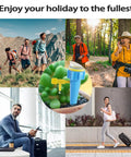 16 Pack Self Watering Plant Spikes Kit With Adjustable Drip Valve image with vacation scenes and joyful travelers.
