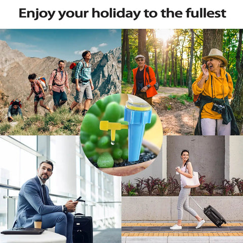 16 Pack Self Watering Plant Spikes Kit With Adjustable Drip Valve image with vacation scenes and joyful travelers.