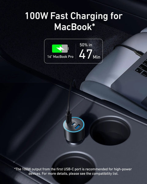 Ultra Compact 167.5W Triple Port USB-C Car Charger fast charging MacBook Pro in car