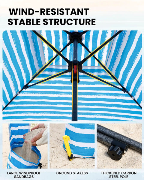 Beach Cabana Sun Shelter 6x6 Ft With Sandbags And Side Wall showing windproof sandbags and steel pole details