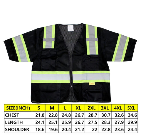 Real Deal Class Three High Visibility Safety Vest With Bold Reflective Tape Super Breathable Mesh Material Built Tough Storage Pockets Ansi Certified Job Site Essential For The Whole Foreman Crew Pack Black 5Xl front view showing reflective tape and storage pockets.