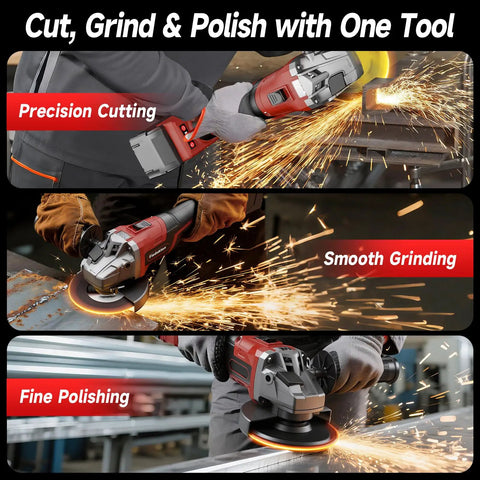 Cordless Angle Grinder For 18V Batteries, Four And A Half To Five Inch, Brushless Motor Up To 9000 RPM in use for cutting, grinding, polishing