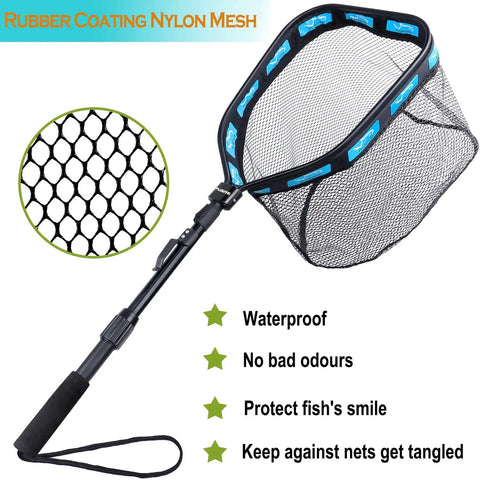 Floating Landing Net For Kayak Fishing With Rubber Coated Hoop And Foldable Telescopic Handle, showing net and handle detail.