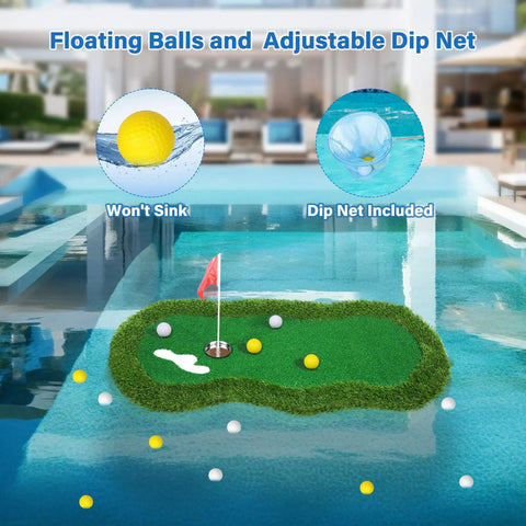 Floating Golf Green For Pool 47 By 24 Inches With Ball Retriever And Anti Drift Ropes in pool with golf balls