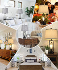 Rustic Industrial Table Lamps 2 Pack With USB Ports in various home settings, including a bedroom, living room, and decorated space.