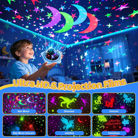Child using Star Projector Night Light For Kids With 6 Films And 78 Lighting Modes Rechargeable Ceiling Projector 360 Degree Rotation