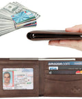 Men's Genuine Leather RFID Blocking Bifold Wallet With Two ID Windows Vegetable Tanned Cowhide Coffee Galaxy Finish shown open