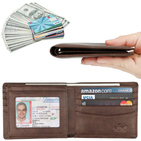 Men's Genuine Leather RFID Blocking Bifold Wallet With Two ID Windows Vegetable Tanned Cowhide Coffee Galaxy Finish shown open
