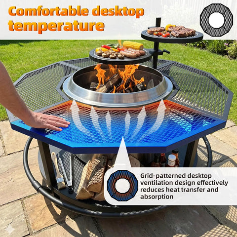 Outdoor Fire Pit Surround Table With 40 Inch Tabletop And 21 Inch Inner Ring That Fits Bonfire And Ranger, and grill grates