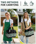 Women carrying Heavy Duty Garden Tool Bag With Hard Bottom And Wide Opening, 20L Main Compartment, Water Resistant 600D Tote With Shoulder Strap